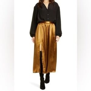 Joie Duffy Metallic Bronze Slit Satin Midi Skirt Size 6 NWT